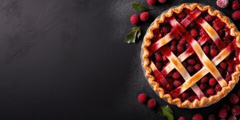 A cranberry pie with a lattice crust on a black background, in a flat lay, overhead shot with copy space, banner