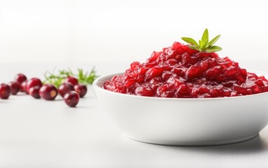 A bowl of cranberry sauce with a leaf on top