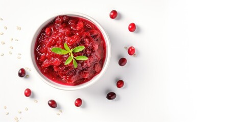 A bowl of cranberry sauce with a leaf on top, banner, overhead shot