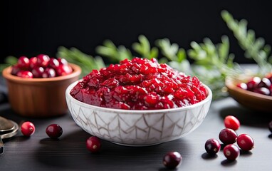 A bowl of cranberry sauce with a leaf on top