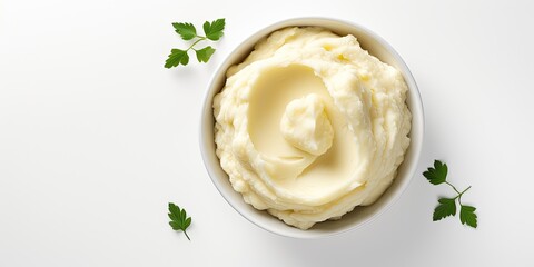 A Bowl of Creamy Mashed Potatoes Topped with Fresh Green Herbs, Banner - obrazy, fototapety, plakaty
