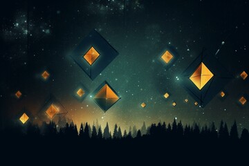 Geometric rhombus with abstract fireflies flickering in the night sky. Generative AI