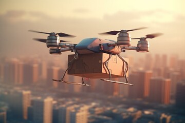 fast delivery by drone, flying over city to deliver package. Generative AI - obrazy, fototapety, plakaty