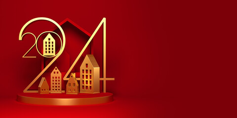 2024 New Year illustration with abstract golden houses. 3D render. - obrazy, fototapety, plakaty