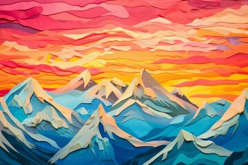 Vivid sunrise peaks, vibrant paper close-up, sky-cloud artwork. Generative AI