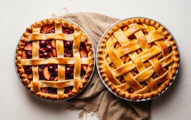 Flat lay photo of apple and cranberry pies on a grey background