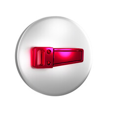 Red Hand saw icon isolated on transparent background. Silver circle button.