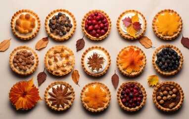 Tarts, set against the backdrop of a serene autumnal setting, featuring fallen leaves and rustic elements