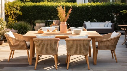 an image of a coastal-style outdoor dining set with wicker chairs and a teak table.