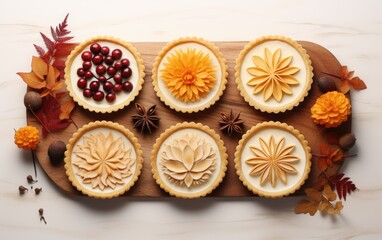 Fototapeta premium Tarts, set against the backdrop of a serene autumnal setting, featuring fallen leaves and rustic elements
