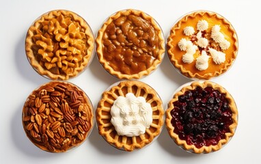 Fototapeta na wymiar Various Thanksgiving pies on a modern, simple white background, in a flat lay, overhead shot with copy space