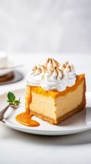 A slice of heavenly pumpkin cheesecake, topped with a generous flourish of whipped cream, vertical image