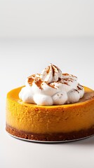 Fototapeta premium A pumpkin cheesecake, topped with a generous flourish of whipped cream, vertical image