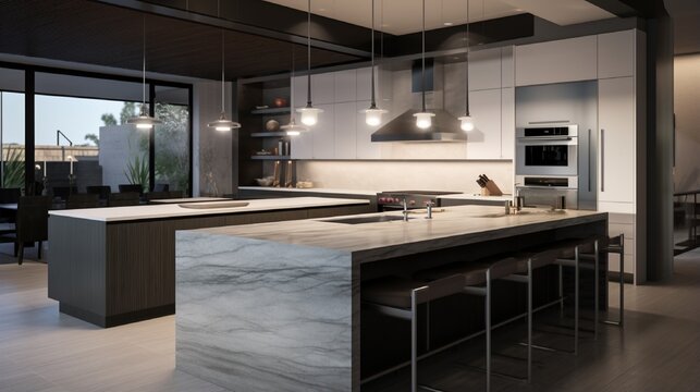 an image of a contemporary kitchen island with a waterfall countertop design.