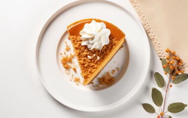 A slice of heavenly pumpkin cheesecake, topped with a generous flourish of whipped cream