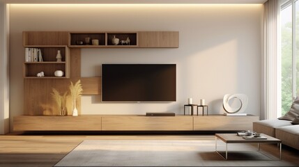 an image of a contemporary entertainment center with open shelving and a TV mount.