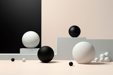 A group of black and white eggs on podium that each are abstract 3d rendering spheres empty space for product show