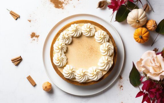 A Flat Lay Photo of a Pumpkin Pie with a Dollop of Whipped Cream on Top	