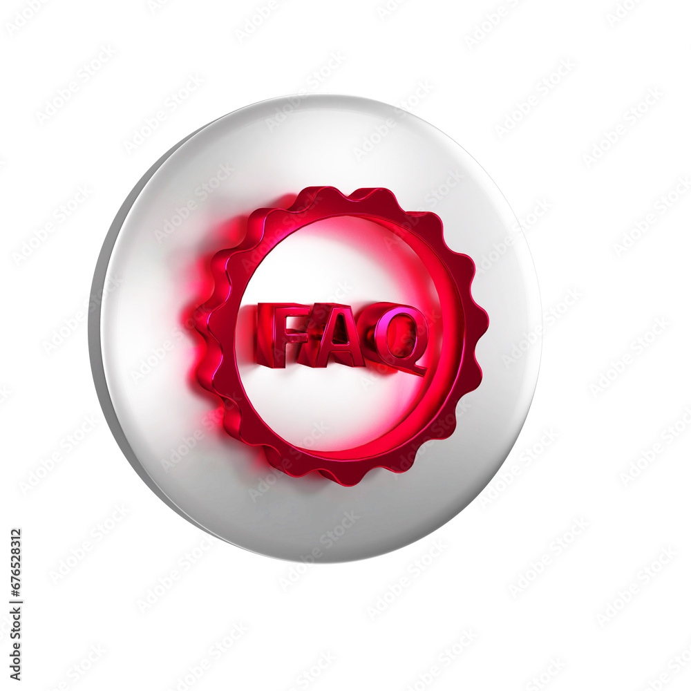 Poster red label with text faq information icon isolated on transparent background. circle button with text