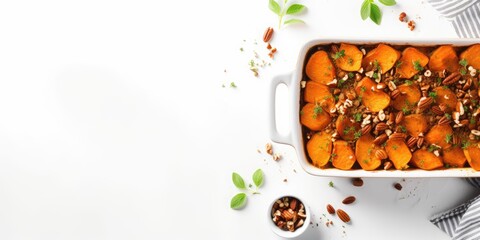 A casserole dish filled with sweet potatoes and pecans, banner