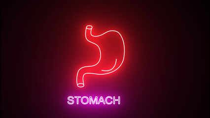 Naklejka premium Glowing-red neon line A human stomach icon is isolated on a black background. Human stomach with glowing neon lines. Human body anatomy, stomach icon