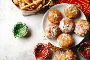 Homemade Balushahi or Badusha - tradition Indian Diwali sweets, selective focus