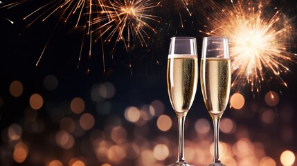 sparkling champagne glass set against a backdrop of vibrant fireworks