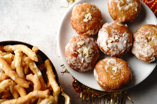 Homemade Balushahi or Badusha - tradition Indian Diwali sweets, selective focus