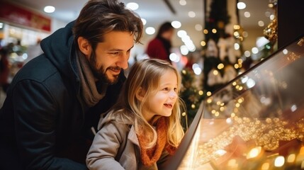 Fototapeta na wymiar happy family buying gifts in christmas store