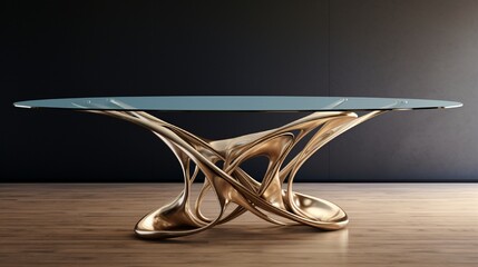 an image of a modern glass dining table with a sculptural metal base.