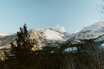 Beautiful snowy trees and mountains in the winter during sunset