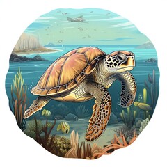 a sticker design that showcases the serene underwater world and turtle