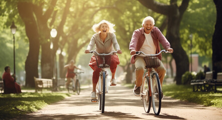 Cheerful active senior couple with bicycle in public park together having fun lifestyle. - obrazy, fototapety, plakaty