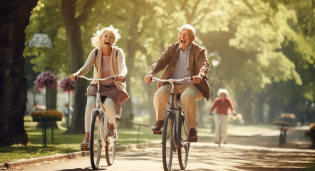 Fototapeta premium Cheerful active senior couple with bicycle in public park together having fun lifestyle