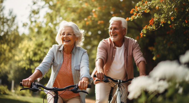 Senior couple riding bikes in park. Close up