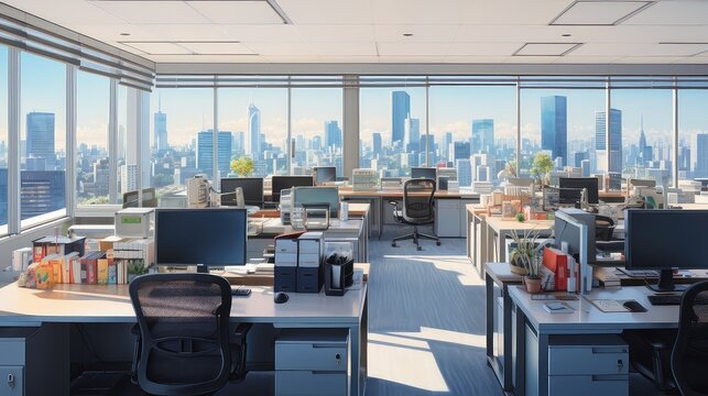 Modern office with large windows on the upper floor in a big city with skyscrapers, background image for conference video calls