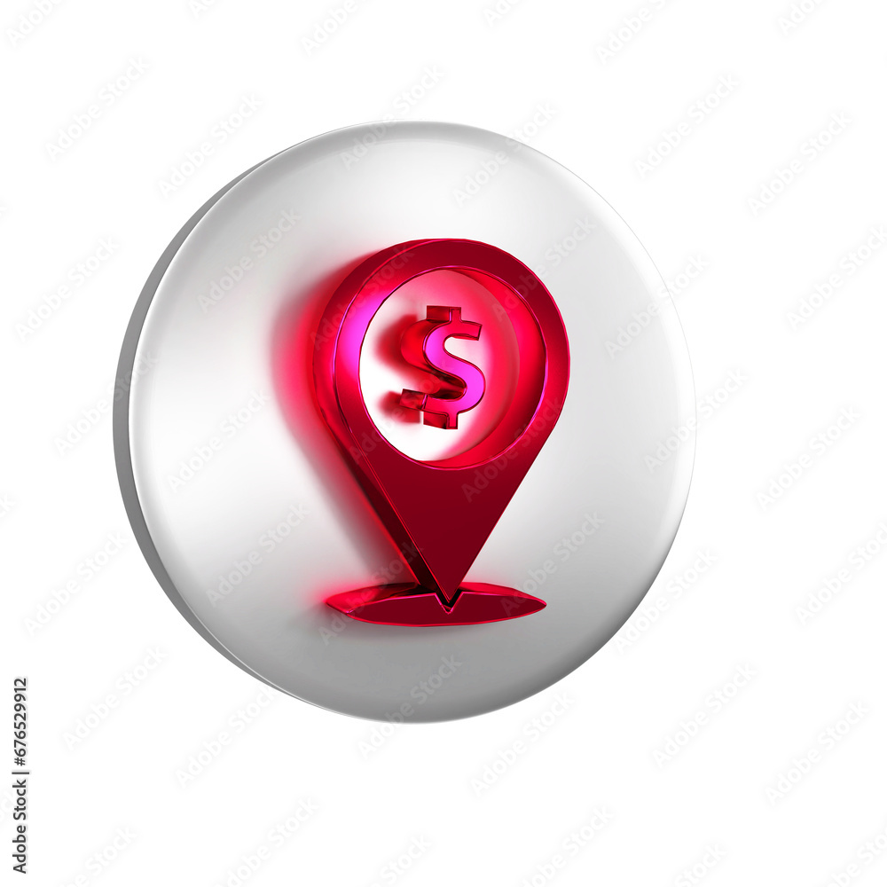 Sticker Red Cash location pin icon isolated on transparent background. Pointer and dollar symbol. Money location. Business and investment concept. Silver circle button.