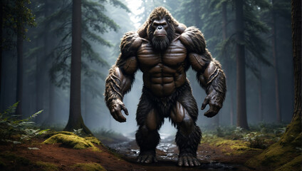 A huge Bigfoot alone in the forest. - obrazy, fototapety, plakaty