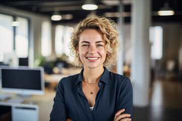 Portrait of a confident businesswoman, female employee or business owner in her workspace