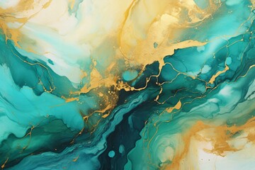 Swirling liquid in stunning turquoise and yellow hues, accompanied by gold powder. Mesmerizing marbled backdrop. Generative AI
