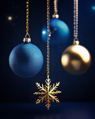 Zimowa kartka świąteczna, niebieskie tło zimowe z bańkami świątecznymi na choince i z miejscem na tekst i życzenia - obrazy, fototapety, plakaty