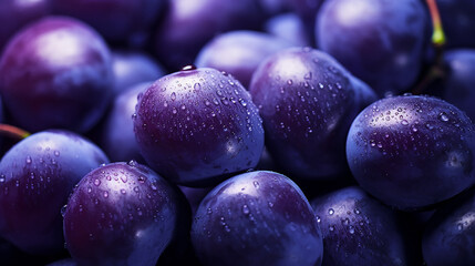 Natural background of fresh blue plum with a purple hue with drops of water. Full frame. A quality product. Healthy eating. Close-up.