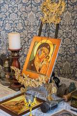 Ancient orthodox icon Corner. Home altar. Altar of the Russian Old Believers home.