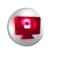 Red Online play video icon isolated on transparent background. Computer monitor and film strip with play sign. Silver circle button.