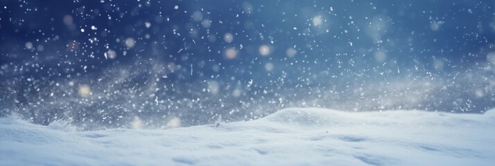 Beautiful ultrawide background image of light snowfall falling over of snowdrift. Close-up image