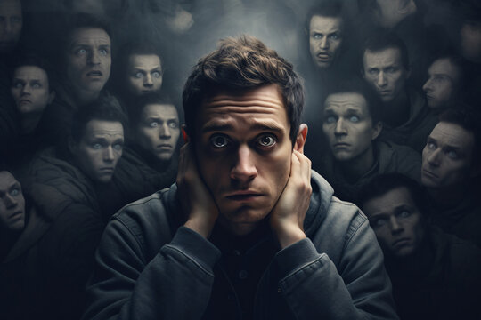 Man in a dark space and a fearful expression, surrounded by faces and voices, depicting the concept of fear, bad memories, or schizophrenia 