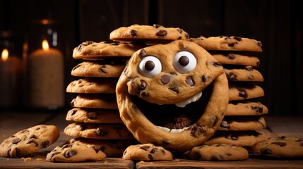 Funny cute cartoon character of traditional chocolate chip cookie. Expressive eyes and a wide smile.