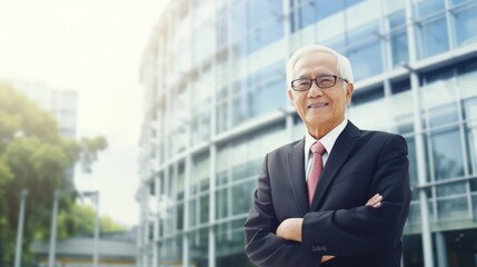 Fototapeta premium Happy smiling grandfather standing near the building and looking away. Confident smiling confident professional businessman leader in suit