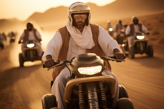 Arab men ride buggies in the desert near Dubai
