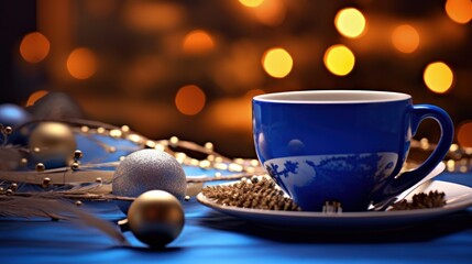 Obraz na płótnie Canvas On the table lies a blue coffee cup, accompanied by a Christmas ornament